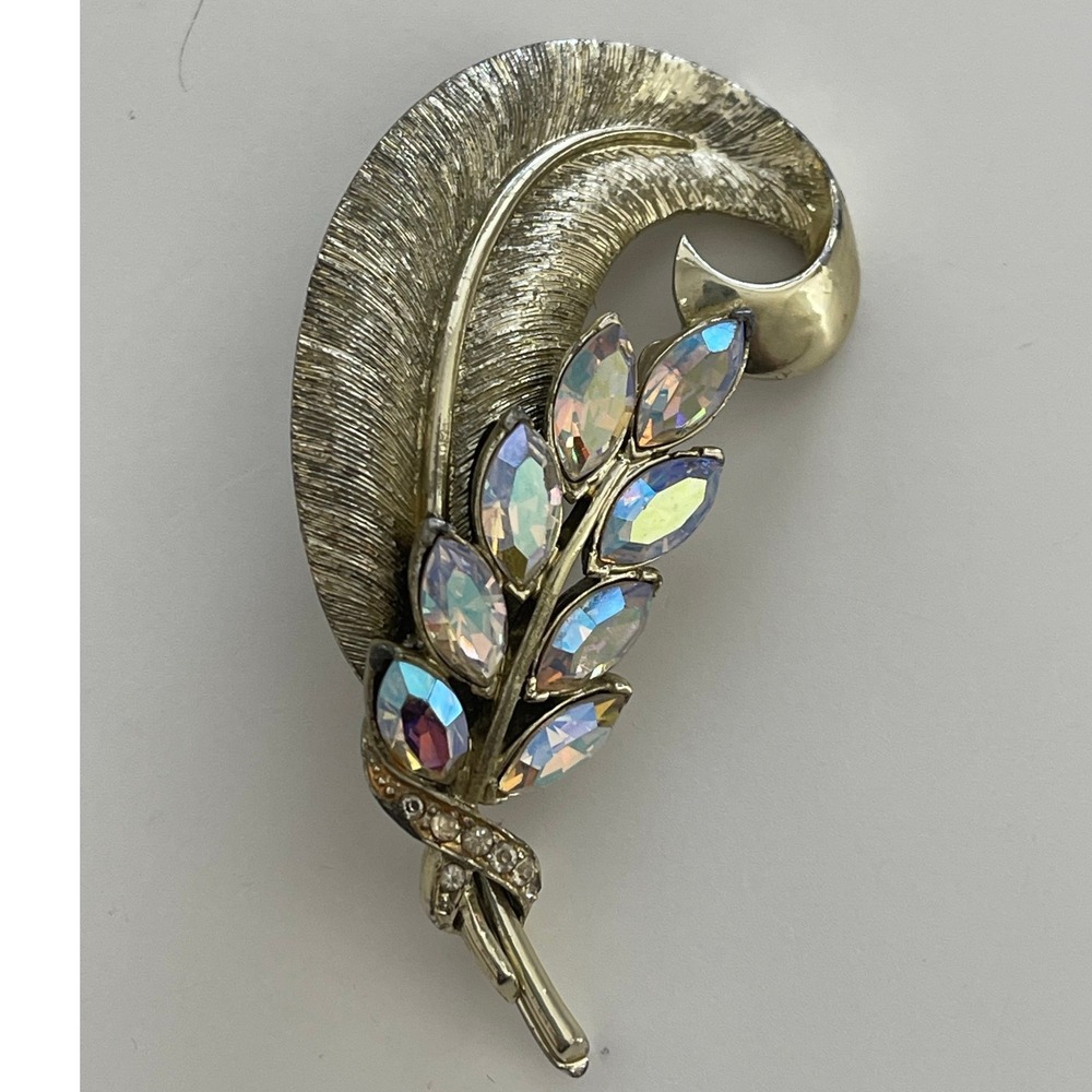 Vintage Coro Gold Tone Feather Leaf Clear Aurora Borealis Rhinestone Brooch Pin